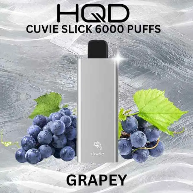 Purple HQD Cuvie Slick 6000 disposable vape in Grapey standing upright beside its retail box